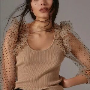 Anthropologie Beige Blouse with Sheer Polka Dot Sleeves